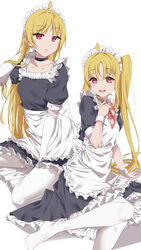  2girls :d absurdres adjusting_hair ahoge alternate_costume apron arm_support between_legs black_choker black_dress blonde_hair bocchi_the_rock! bow bowtie choker closed_mouth collarbone detached_ahoge dress elbow_gloves enmaided gloves hand_between_legs hand_up highres ijichi_nijika ijichi_seika long_hair looking_at_viewer maid maid_apron maid_headdress multiple_girls pantyhose red_bow red_bowtie red_eyes short_sleeves siblings side_ponytail sisters sitting smile straight_hair teeth thighhighs upper_teeth_only very_long_hair wariza white_apron white_background white_gloves white_pantyhose white_thighhighs white_wrist_cuffs wrist_cuffs yamaori_(yamaorimon) yokozuwari 