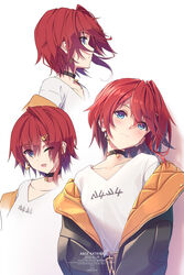  ange_katrina ange_katrina_(5th_costume) black_choker black_jacket blue_eyes blush character_name choker collarbone dated female flat_chest floating_hair hair_behind_ear head_tilt highres jacket kuro-kun_(nablack) looking_up multiple_views nijisanji off_shoulder red_hair shirt short_hair smile virtual_youtuber white_shirt 