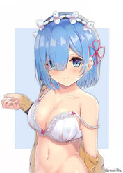  artist_name bare_shoulders blue_background blue_eyes blue_hair blush bra breasts cleavage collarbone commentary_request female hair_ornament hair_over_one_eye highres large_breasts long_sleeves navel re:zero_kara_hajimeru_isekai_seikatsu red_ribbon rem_(re:zero) ribbon short_hair simple_background smile solo stomach underwear upper_body white_background white_bra x_hair_ornament yuzuki4no 