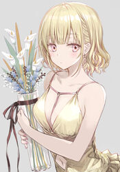  bare_shoulders blonde_hair blue_flower blush breasts closed_mouth collarbone commentary_request dress earrings female flower frilled_dress frills grey_background holding jewelry nail_polish original pink_eyes pink_nails simple_background sleeveless sleeveless_dress small_breasts solo white_flower yadapot yellow_dress 