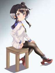  absurdres anchor anchor_symbol back black_hair black_pantyhose brown_eyes chair female gradient_background gradient_hair grey_hair hat headgear high_heels highres kantai_collection looking_back lowleg lowleg_pantyhose mini_hat multicolored_hair panties panties_under_pantyhose pantyhose red_footwear rudder_footwear seamed_legwear shirt short_hair short_hair_with_long_locks side-seamed_legwear side-tie_panties sidelocks sitting solo soujou_motona tied_shirt tokitsukaze_(kancolle) underwear white_background white_panties 