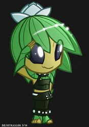  artist_name barefoot black_sclera chibi collar colored_sclera commentary female floran flower hair_flower hair_ornament monster_girl musetrigger original pink_flower plant_girl plant_hair salute smile solo starbound 