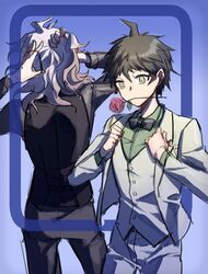  2boys absurdres adjusting_clothes ahoge black_bow black_jacket blue_background bow bowtie brown_hair collared_shirt cowboy_shot danganronpa_(series) danganronpa_10th_anniversary_costume danganronpa_2:_goodbye_despair flower framed from_behind gradient_background green_shirt grey_pants hair_tie highres hinata_hajime jacket komaeda_nagito long_sleeves male_focus mouth_hold multiple_boys official_alternate_costume pants pink_flower pink_rose rose shirt short_hair solo_focus standing tying_hair vest white_jacket white_vest ziling 