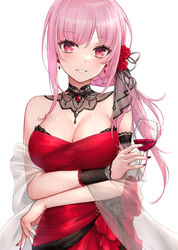  alcohol arm_under_breasts asle bare_shoulders black_nails breasts cleavage commentary crossed_arms cup detached_collar dress drinking_glass earrings female flower grin hair_flower hair_ornament highres holding holding_cup hololive hololive_english jewelry large_breasts long_hair looking_at_viewer mori_calliope mori_calliope_(party_dress) multicolored_nails official_alternate_costume pink_hair red_dress red_eyes red_flower red_nails red_rose red_wine rose sidelocks single_wrist_cuff skull smile solo strapless strapless_dress symbol-only_commentary upper_body virtual_youtuber wine wine_glass wrist_cuffs 