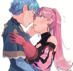  2girls bad_id bad_twitter_id blue_hair braid breasts cleavage crown_braid earrings fire_emblem fire_emblem:_three_houses gloves hilda_valentine_goneril jewelry long_hair long_sleeves marianne_von_edmund multiple_girls parted_lips pink_eyes pink_gloves pink_hair ponytail simple_background taki_(tkai40) upper_body white_background yuri 