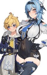  1boy age_difference ahoge black_gloves black_hairband blonde_hair blue_eyes blue_hair blue_jacket blush breasts cameltoe eula_(genshin_impact) female genshin_impact gloves hair_between_eyes hair_ornament hairband jacket large_breasts leotard long_sleeves looking_at_viewer medium_hair mika_(genshin_impact) ndgd necktie onee-shota purple_eyes short_hair straight thighhighs thighs white_background yellow_eyes 