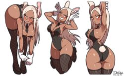  absurdres animal_ears armpits arms_up ass bad_id bad_pixiv_id bent_over black_leotard blush boku_no_hero_academia breasts cleavage closed_mouth covered_navel dark-skinned_female dark_skin dated detached_collar female fishnet_thighhighs fishnets gloves grin high_heels highleg highleg_leotard highres jumping large_breasts leotard long_hair looking_at_viewer looking_back maydaykiki mirko multiple_views necktie playboy_bunny rabbit_ears rabbit_pose rabbit_tail red_eyes simple_background smile standing tail thigh_gap thighhighs white_background white_gloves 