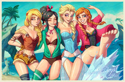  4girls anna_(frozen) areola astrid_hofferson bangs barefoot beach black_hair blonde_hair blush braid breasts cleavage closed_eyes clothed corset crossover disney disney_princess dreamworks elsa_(frozen) english_text eyelashes eyeshadow feet female fingerless_gloves frozen_(film) gloves hair_ornament hairband half-closed_eyes hand_on_hip hoodie how_to_train_your_dragon human jacket lipstick looking_at_viewer medium_breasts multiple_females navel necklace olaf_(frozen) open_clothes open_shirt palm_tree ponytail ralph_breaks_the_internet random_roodles red_lipstick seaside shirt single_braid sisters small_breasts smile soles standing text thighhighs tied_hair toes tongue tongue_out twin_braids vanellope_von_schweetz water wreck-it_ralph 