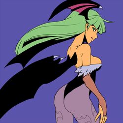  animal_print ass bare_shoulders bat_print bat_wings breasts bridal_gauntlets demon_girl elbow_gloves female gloves green_eyes green_hair head_wings leotard long_hair looking_at_viewer morrigan_aensland muu_(mumumer) pantyhose print_pantyhose purple_background simple_background solo vampire_(game) wings 