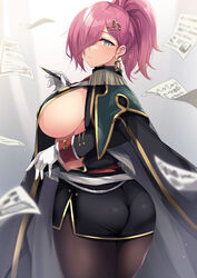  akatsuki_(aktk511) ass azur_lane black_legwear breast_curtain breasts earrings female gloves hair_ornament hair_over_one_eye highres huge_breasts jacket jewelry looking_at_viewer military_jacket miniskirt mole mole_under_eye notes pantyhose paper pen pink_hair ponytail short_hair sideboob skirt trieste_(azur_lane) 