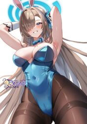  absurdly_long_hair animal_ears aqua_leotard armpits asuna_(blue_archive) asuna_(bunny)_(blue_archive) asymmetrical_bangs bare_shoulders blue_archive blue_bow blue_bowtie blue_eyes blue_halo blue_leotard blue_ribbon bow bowtie breasts brown_pantyhose cleavage commentary covered_navel detached_collar fake_animal_ears felielle female from_below gloves grin hair_over_one_eye hair_ribbon halo highleg highleg_leotard large_breasts leotard light_brown_hair long_hair mole mole_on_breast official_alternate_costume pantyhose playboy_bunny rabbit_ears ribbon smile solo strapless strapless_leotard teeth thighband_pantyhose traditional_bowtie very_long_hair white_gloves 