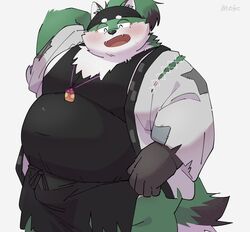  2023 anthro belly big_belly black_nose blush canid canine canis closed_eyes clothed clothing domestic_dog green_body hi_res humanoid_hands kemono male mammal overweight overweight_male shinosuke solo tamacolle uokkom 