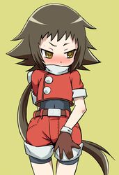  belt bike_shorts bike_shorts_under_shorts blush brown_gloves brown_hair cosplay covered_navel cropped_jacket female gloves jacket long_hair mega_man_(series) mega_man_legends_(series) mikakunin_de_shinkoukei mitsumine_mashiro muu_(mumumer) ponytail red_jacket red_shorts roll_caskett_(mega_man) roll_caskett_(mega_man)_(cosplay) short_hair_with_long_locks short_sleeves shorts simple_background solo spandex yellow_eyes 