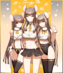  3girls absurdres animal_ears bad_id bad_pixiv_id bandeau bare_shoulders black_legwear black_panties black_skirt bra breasts brown_hair choker cleavage crop_top frills fur_collar hand_up happy_new_year heart highres large_breasts long_hair looking_at_viewer midriff miniskirt mouse_ears multiple_girls navel neck_ribbon new_year open_mouth original panties pleated_skirt raku_(clearpage) revealing_clothes ribbon side-by-side skirt sleeveless smile standing stomach strapless suspenders thigh_gap thighhighs thighs underwear very_long_hair white_bra yellow_eyes 