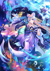  absurdres air_bubble architecture bare_shoulders blunt_bangs blurry bow-shaped_hair bubble building collarbone commentary_request depth_of_field detached_sleeves east_asian_architecture female fish genshin_impact gloves gradient_hair half_gloves hand_up headpiece highres long_hair looking_away looking_up low_twintails mermaid monster_girl monsterification multicolored_hair nontraditional_miko ocean pink_hair purple_eyes sangonomiya_kokomi shell sidelocks solo twintails underwater vision_(genshin_impact) white_gloves wide_sleeves you_cao_xi 