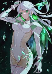  blue_hair breasts colored_inner_hair crystal crystal_hair fate/grand_order fate_(series) female green_eyes green_hair highres kukulkan_(fate) kukulkan_(second_ascension)_(fate) light_blue_hair looking_at_viewer multicolored_hair one_heart1201 sideless_outfit solo upper_body 