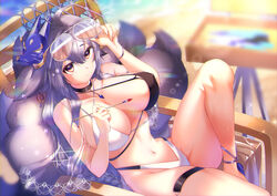  absurdres animal_ears aviator_sunglasses azur_lane beach bikini black_choker blush breasts choker covered_nipples criss-cross_halter day eyewear_on_head female fox_ears fox_girl fox_mask fox_tail hair_between_eyes hair_ornament halterneck highleg highleg_bikini highres holding holding_paintbrush large_breasts long_hair looking_at_viewer mask mask_on_head multiple_tails navel ocean official_alternate_costume outdoors paintbrush seele0907 sitting solo sunglasses swimsuit tail tosa_(azur_lane) tosa_(hometown_zest)_(azur_lane) two-tone_bikini water 