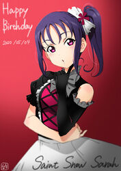  absurdres birthday black_gloves breasts character_name commentary_request dated elbow_gloves english_text female gloves group_name happy_birthday highres kazuno_sarah long_hair looking_at_viewer love_live! love_live!_sunshine!! medium_breasts murota_yuuhei official_art pink_eyes purple_hair saint_snow self_control!! shiny_skin short_sleeves side_ponytail sidelocks single_glove single_sleeve solo upper_body 