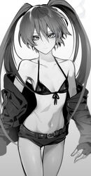  absurdres bare_shoulders bikini bikini_top_only black_bikini black_jacket black_rock_shooter black_rock_shooter_(character) black_shorts braid cowboy_shot female fingerless_gloves gloves gradient_background greyscale highres jacket looking_at_viewer monochrome navel no_shirt off_shoulder scar short_shorts shorts solo st_(youx1119) stomach swimsuit twin_braids 