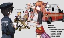  4girls :&lt; ? ahoge ambulance baton_(weapon) belt black_thighhighs breasts cardigan clipboard close-up confused dongdong_(0206qwerty) dragon_girl dragon_horns dragon_tail english_text full_body gradient_hair gun handgun hat highres hololive holster holstered horns kiryu_coco kiryu_coco_(1st_costume) large_breasts md5_mismatch misunderstanding multicolored_hair multiple_girls new_york_city new_york_city_fire_department new_york_city_police_department oozora_subaru orange_hair paramedic pink_hair police police_hat police_uniform policewoman rod_of_asclepius sakura_miko sakura_miko_(casual) shoes single_thighhigh standing star_of_life stretcher sweat sweatdrop tail talking tears thighhighs uniform upper_body virtual_youtuber weapon yellow_cardigan yuzuki_choco 