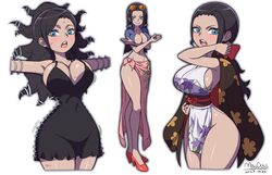  absurdres bad_id bad_pixiv_id black_dress blue_eyes blush bow breasts cleavage closed_mouth covered_navel dress eyewear_on_head female highres japanese_clothes kimono large_breasts long_hair maydaykiki multiple_views nico_robin obi one_piece open_mouth ponytail red_bow sash simple_background sleeveless sleeveless_kimono smile sunglasses teeth upper_teeth_only white_background wide_hips 