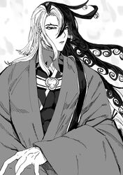  1boy ashiya_douman_(fate) asymmetrical_hair bell curly_hair earrings fate/grand_order fate_(series) greyscale hair_bell hair_between_eyes hair_intakes hair_ornament highres japanese_clothes jewelry kimono long_hair magatama magatama_earrings male_focus monochrome multicolored_hair nonono_nagata onmyouji open_clothes open_kimono parted_lips pectorals solo split-color_hair toned toned_male two-tone_hair upper_body very_long_hair wind 