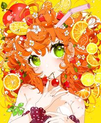  apple bare_shoulders breasts bubble closed_mouth curly_hair drinking_straw female finger_to_mouth flower food food_on_head fruit fruit_on_head grapes green_eyes hair_flower hair_fruit hair_ornament highres leaf leaf_hair_ornament lemon lemon_slice light_blush looking_at_viewer medium_breasts medium_hair object_on_head orange_(fruit) orange_hair orange_slice original ouchi_kaeru plant solo strawberry upper_body vines yellow_background 