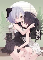  2girls arashiya asymmetrical_clothes bare_shoulders beatrice_(masterwork_apocalypse) black_dress black_gloves black_hair blush brown_eyes choker commentary crown cuffs dress elbow_gloves face-to-face feathered_wings gloves hair_over_one_eye hand_on_another&#039;s_shoulder hand_on_another&#039;s_thigh hands_on_another&#039;s_head highres horns hug masterwork_apocalypse multiple_girls purple_hair short_dress short_hair siblings single_elbow_glove single_glove single_horn sisters sitting sitting_on_lap sitting_on_person smile strapless strapless_dress twins virgil_(masterwork_apocalypse) white_dress white_gloves wings yuri 