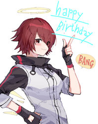  arknights bang_(gesture) black_gloves black_jacket blush closed_mouth commentary_request energy_wings english_text exusiai_(arknights) eyes_visible_through_hair female finger_gun fingerless_gloves gloves hair_over_one_eye halo hand_on_own_hip hand_up happy_birthday highres jacket looking_at_viewer multicolored_clothes multicolored_jacket na_tarapisu153 red_eyes red_hair short_hair smile solo two-tone_jacket upper_body white_background white_jacket 