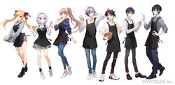  3girls 4boys apron black_apron black_footwear black_pants blonde_hair blue_hair blue_skirt brown_hair collared_shirt commentary_request denim denim_shorts furen_e_lustario fuwa_minato grey_hair hakase_fuyuki hand_on_own_hip highres iwamoto_zerogo jeans kenmochi_touya long_hair mayuzumi_kai multicolored_hair multiple_boys multiple_girls nijisanji official_art one_eye_closed pants plaid plaid_shirt ponytail print_shirt purple_eyes purple_hair red_eyes red_shirt saegusa_akina shirt short_shorts shorts skirt smile streaked_hair takamiya_rion torn_clothes torn_pants trinity_(nijisanji) twintails virtual_youtuber white_background white_footwear white_hair 