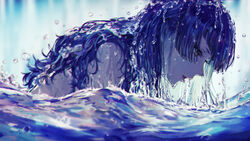  bad_id bad_pixiv_id blue_hair blurry blurry_foreground commentary_request depth_of_field female from_side highres idolmaster idolmaster_shiny_colors long_hair minyom nude parted_lips partially_submerged profile purple_eyes solo tanaka_mamimi water wet wet_hair 