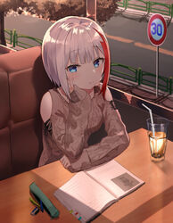  absurdres admiral_graf_spee_(azur_lane) admiral_graf_spee_(peaceful_daily_life)_(azur_lane) afe aran_sweater azur_lane blue_eyes blush breasts brown_sweater cable_knit clothing_cutout cup day drinking_glass drinking_straw female hair_ornament highres indoors long_sleeves looking_at_viewer medium_breasts multicolored_hair official_alternate_costume pen pencil pencil_case red_hair road road_sign short_hair shoulder_cutout sidewalk sign sitting solo speed_limit_sign streaked_hair street sweater table tree white_hair 