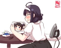  3girls :3 ahoge alternate_costume artist_logo black_hair blue_eyes brown_hair closed_eyes clothes_iron commentary_request crying dated hairband holding holding_tablet_pc ironing_board kanon_(kurogane_knights) kantai_collection long_hair multiple_girls needle open_mouth pincushion puffy_short_sleeves puffy_sleeves ryuuhou_(kancolle) sewing_pin shigure_(kancolle) shirt short_sleeves smile tablet_pc taigei_(kancolle) tears white_hairband white_shirt yamashiro_(kancolle) 