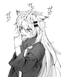  animal_ears arknights biting biting_own_thumb coat commentary_request female greyscale hair_ornament hairclip hand_up highres lappland_(arknights) long_hair long_sleeves monochrome na_tarapisu153 open_mouth solo sound_effects teeth upper_body wolf_ears 