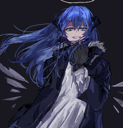  arknights black_background black_coat black_gloves blue_eyes blue_hair coat commentary demon_horns detached_wings energy_wings fallen_angel female fur-trimmed_coat fur_trim gloves halo hand_up highres horns long_hair long_sleeves looking_at_viewer mostima_(arknights) na_tarapisu153 parted_lips shirt simple_background solo upper_body white_shirt wings 