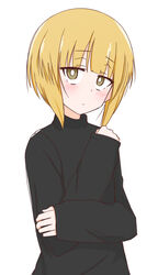  ame_(amechan17391739) bad_id bad_twitter_id black_shirt blonde_hair blunt_bangs blush bob_cut bright_pupils casual closed_mouth commentary cutlass_(girls_und_panzer) female girls_und_panzer highres inactive_account light_frown long_sleeves looking_at_viewer shirt short_hair simple_background solo turtleneck upper_body white_background white_pupils yellow_eyes 