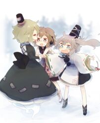  3girls ashiyu_(ashu-ashu) blonde_hair blue_eyes boots closed_eyes cross-laced_clothes crying dress earmuffs ghost_tail green_dress green_hair grey_hair hair_between_eyes hat holding_hands ice_skates japanese_clothes kariginu long_sleeves mononobe_no_futo multiple_girls ofuda ofuda_on_clothes open_mouth short_hair skates sleeveless sleeveless_dress soga_no_tojiko sweatdrop tate_eboshi tears touhou toyosatomimi_no_miko wide-eyed wide_sleeves yellow_eyes 