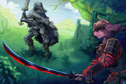  2022 anthro armor avoid_posting blaidd_(elden_ring) canid canine canis cuirass cuisse day detailed_background elden_ring felid feline fight fromsoftware grass greatsword hi_res katana kitwran lamellar_armor laminar_armor lynx male mammal melee_weapon outside plant poleyn samurai scale_armor signature spaulder sword tassets tree vambrace warrior weapon wolf 