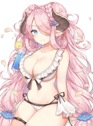  ayuanlv bare_shoulders bikini blue_eyes braid braided_bun breasts cleavage cloud collarbone commentary_request cup double_bun draph drinking_glass drinking_straw female frilled_bikini frills granblue_fantasy hair_bun hair_over_one_eye holding horns large_breasts long_hair looking_at_viewer multi-strapped_bikini narmaya_(granblue_fantasy) narmaya_(summer)_(granblue_fantasy) navel official_alternate_costume petals pink_hair pointy_ears sidelocks simple_background solo stomach swimsuit thigh_strap thighs very_long_hair white_background white_bikini 