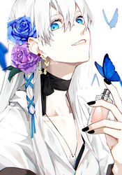  black_choker black_nails blue_butterfly blue_eyes blue_flower blue_ribbon blue_rose bottle bug butterfly butterfly_on_hand choker collarbone commentary_request dog_tags earrings female flower hair_flower hair_ornament hair_ribbon highres jewelry long_hair nail_polish oerba_yun_fang original parted_lips perfume_bottle purple_flower purple_rose ribbon rose shaft_look shirt simple_background solo teeth tress_ribbon twitter_username upper_body white_background white_hair white_shirt yagi_(shiro_yagi) 