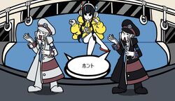  2boys battle_subway black_coat black_footwear black_headwear black_pants blue_necktie blunt_bangs coat elesa_(pokemon) emmet_(pokemon) female fur_jacket grey_hair hand_grip hat headphones highres ingo_(pokemon) jacket long_sideburns long_sleeves minna_no_rhythm_tengoku multiple_boys necktie pants parody peaked_cap pokemon pokemon_bw2 rhythm_tengoku safe_2256 shirt short_hair_with_long_locks sideburns speech_bubble style_parody subway takeuchi_kou_(style) train_interior trench_coat white_coat white_footwear white_headwear white_pants white_shirt yellow_jacket 