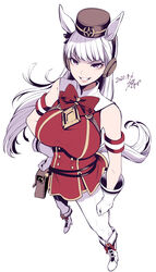  absurdres animal_ears armband belt belt_pouch black_hat boots bow bowtie breasts buttons commentary dated double-breasted dress earmuffs female from_above full_body garrison_cap gashitani gloves gold_ship_(umamusume) grin hand_on_own_hip hat high_heel_boots high_heels highres horse_ears horse_girl horse_tail large_breasts lips long_hair looking_at_viewer pants pantyhose pouch purple_eyes red_bow red_bowtie red_dress short_dress signature simple_background sleeveless sleeveless_dress smile solo standing straight_hair tail teeth tight_clothes tight_pants umamusume v-shaped_eyebrows white_background white_footwear white_gloves white_hair white_pants 