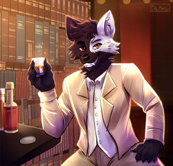  alcohol anthro azki_(azki_wolf) bar beverage black_body black_fur bookshelf canid canine canis cat_mantis clothing fur furniture grin heterochromia hi_res looking_at_viewer male mammal sharp_canines smile solo suit suit_jacket whiskey white_body white_fur wolf 