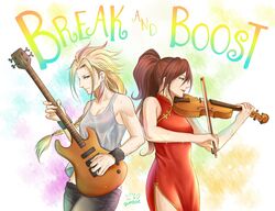  2girls bass_guitar blonde_hair braid breasts brown_hair china_dress chinese_clothes dress ear_piercing guitar gumbat h&#039;aanit_(octopath_traveler) instrument japanese_clothes medium_breasts multicolored_background multiple_girls music octopath_traveler octopath_traveler_i piercing playing_instrument ponytail primrose_azelhart red_dress signature sleeveless smile sweat tank_top title violin 