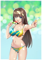  absurdres aozaki_aoko bikini blue_eyes breasts brown_hair cleavage collarbone cowboy_shot cqqz0707 eating female food foreshortening highres long_hair looking_at_viewer mahou_tsukai_no_yoru medium_breasts open_mouth popsicle solo standing swimsuit two-tone_bikini watermelon_bar 