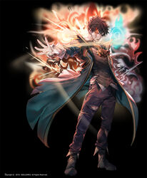  1boy black_background black_footwear black_hair black_pants black_vest boots coat flaming_eye gloves han_daewi hero_cantare heterochromia highres long_coat looking_at_viewer male_focus official_art open_mouth pants scar scar_across_eye scar_on_face serious short_hair solo the_god_of_high_school torn_clothes torn_pants vest white_gloves yagaaaa 