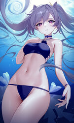  air_bubble bikini blue_bikini breasts bubble choker commentary_request double_bun female genshin_impact hair_bun hand_on_own_chest highres keqing_(genshin_impact) looking_at_viewer looking_back medium_breasts navel ocean parted_lips solo stomach swimsuit twintails tyenka7728 underwater 