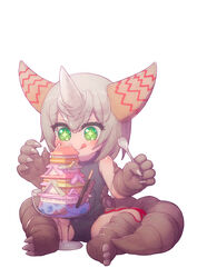  absurdres cake claws commission female feral_lemma food gomora green_eyes grey_hair highres horns ice_cream japanese_castle licking_lips old_school_swimsuit pixiv_commission pocky school_swimsuit shiny_skin sitting solo sparkling_eyes spoon swimsuit tail tongue tongue_out ultra_kaijuu_gijinka_keikaku ultra_series ultraman_(1st_series) 