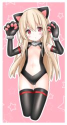  animal_ears animal_hands arms_up black_gloves black_leotard black_thighhighs blush breasts brown_hair cat_ears center_opening elbow_gloves fake_animal_ears fate/kaleid_liner_prisma_illya fate_(series) female gloves highres illyasviel_von_einzbern illyasviel_von_einzbern_(beast_style) langley1000 leotard long_hair navel paw_gloves red_eyes small_breasts solo thigh_gap thighhighs thighs 