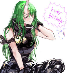  arknights arm_scarf armor black_gloves black_pants breastplate closed_eyes commentary english_text female gloves green_hair happy_birthday highres horns hoshiguma_(arknights) long_hair na_tarapisu153 pants parted_lips party_popper shirt single_horn sitting skin-covered_horns sleeveless sleeveless_shirt smile solo 